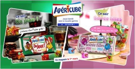 Campagne publicitaire "Apéricubes pour filles et pour garçons", 2011 A gauche de l'image, tonalité verte, les apéricubes pour garçons rassemblés sous le slogan "On joue". A droite, tonalité rose, les apéricubes pour filles sous le slogan "Soirée filles".