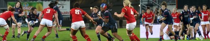 Equipe de France Féminine de Rugby, 2017 Image format panoramique. Dans les deux tiers gauche les joueuses , celles du Pays de Galles en maillot rouge, les Françaises en maillot bleu, sont en action, vues de dos. Dans le tiers restant les mêmes, vues de face.