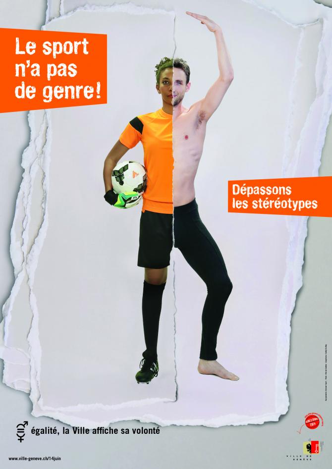 Genre et sport : foot/danse Un corps composé d'une moité fille footballeuse et d'une moitié garçon danseur.