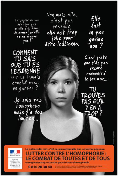 Lutte contre l'homophobie Le combat de toutes et tous. Buste d'une jeune femme et propos lesbophobes.