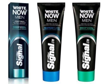 Publicité " Signal", dentifrice pour hommes Trois tubes de dentifrice, de couleur noire et bleu métallisé, l'un est dans son étui carton, les autres en sont sortis. Inscrit sur chacun d'eux : "White Now Men" et la marque "Signal".