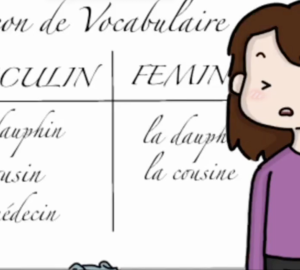 Un dessin de femme devant un tableau de vocabulaire masculin, féminin