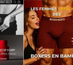 2 publicités qui sexualise le corps d'une femme, puis d'un homme 