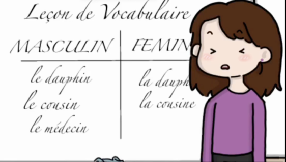 Un dessin de femme devant un tableau de vocabulaire masculin, féminin