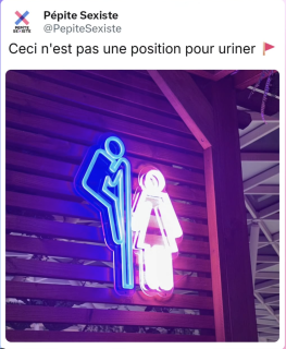 Néon indiquant les toileetes : un homme regarde une femme par dessus la porte 